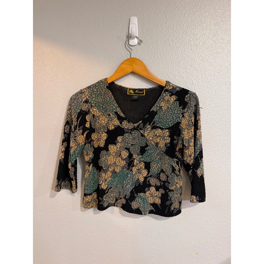 Mirasol Floral V-Neck Top Women Size M Black Gold Textured 3/4 Sleeve JPKU0030‎
